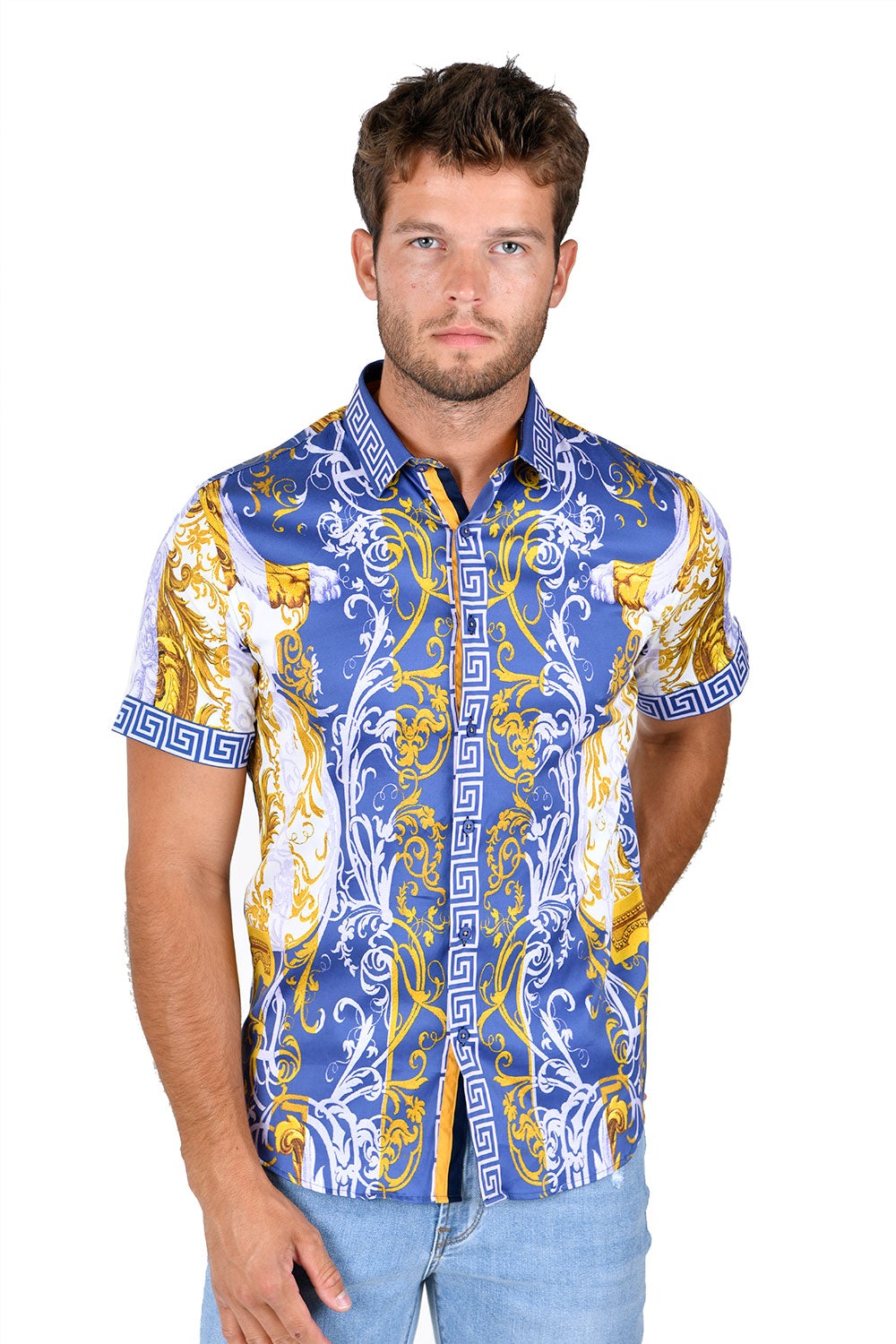 Barabas Men's Greek Pattern Rhinestone Short Sleeve Shirts SSP600 Blue