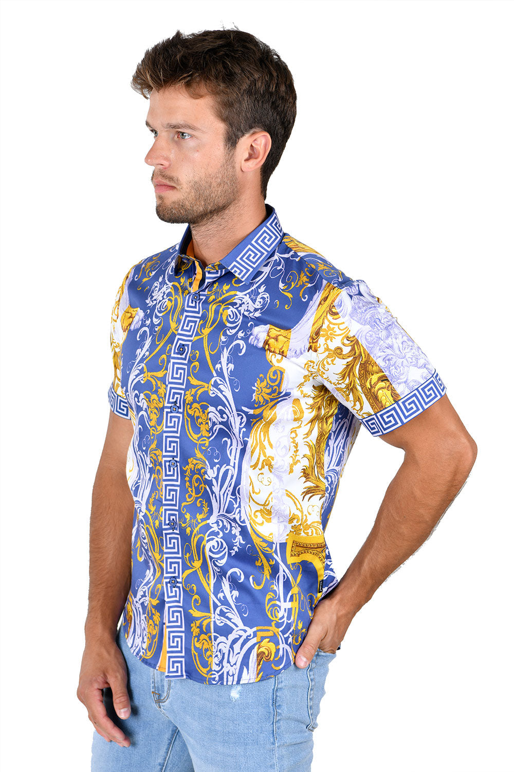 Barabas Men's Greek Pattern Rhinestone Short Sleeve Shirts SSP600 Blue