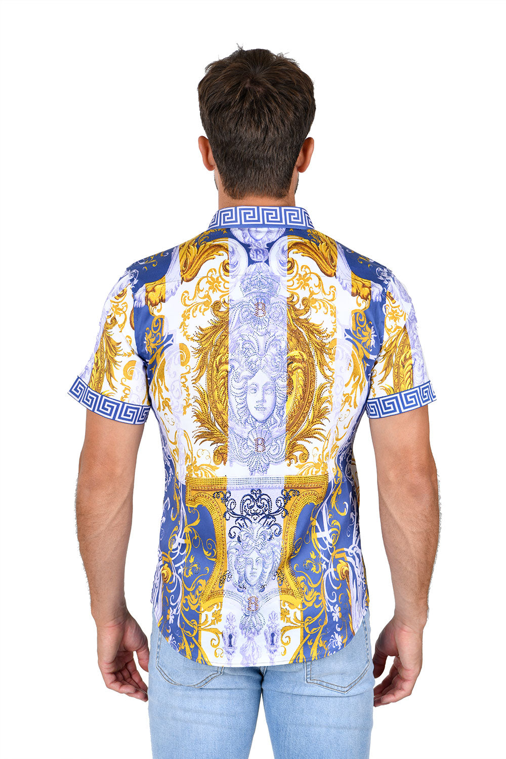 Barabas Men's Greek Pattern Rhinestone Short Sleeve Shirts SSP600 Blue