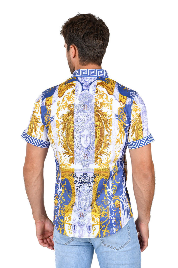 Barabas Men's Greek Pattern Rhinestone Short Sleeve Shirts SSP600 Blue