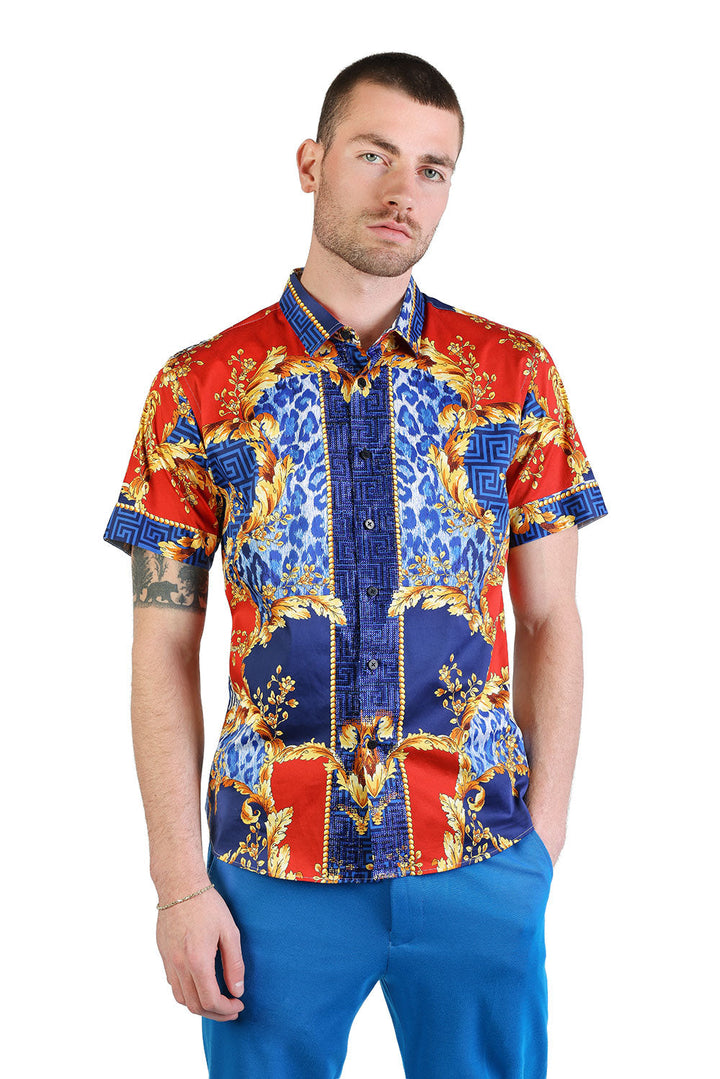 BARABAS Men's Floral Greek Pattern Baroque Short Sleeve Shirt SSR01 Blue Red