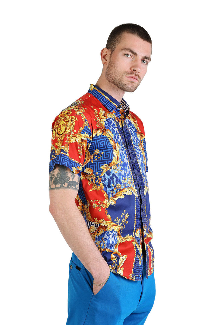 BARABAS Men's Floral Greek Pattern Baroque Short Sleeve Shirt SSR01 Blue Red