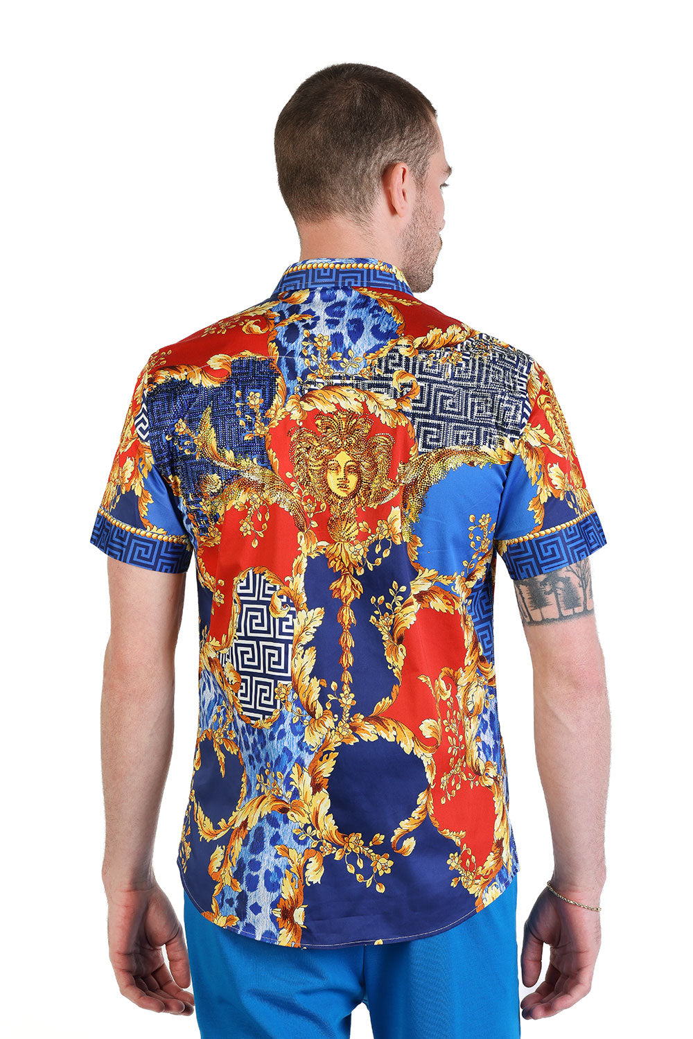 BARABAS Men's Floral Greek Pattern Baroque Short Sleeve Shirt SSR01 Blue Red