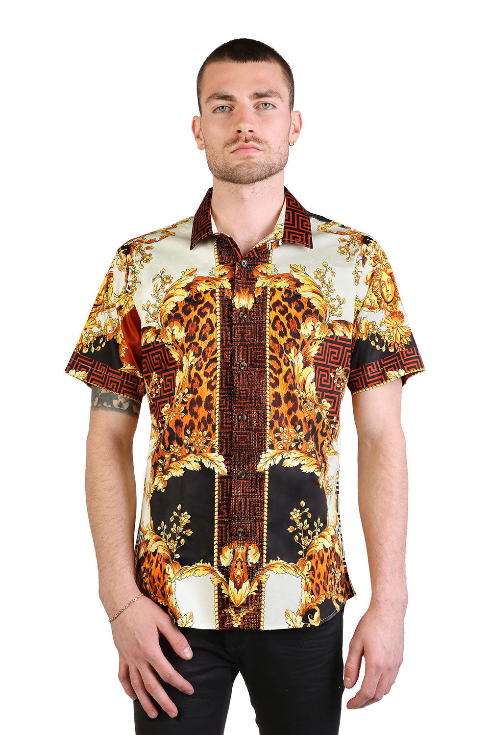 BARABAS Men's Floral Greek Pattern Baroque Short Sleeve Shirt SSR01 Gold Black