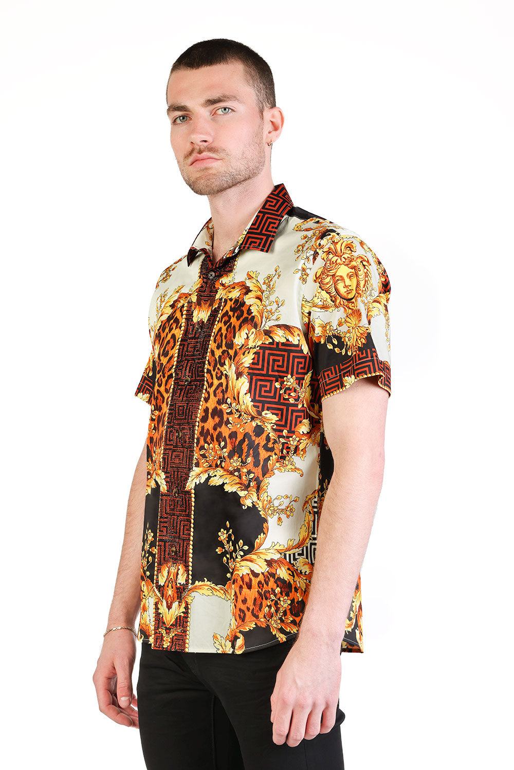 BARABAS Men's Floral Greek Pattern Baroque Short Sleeve Shirt SSR01 Gold Black