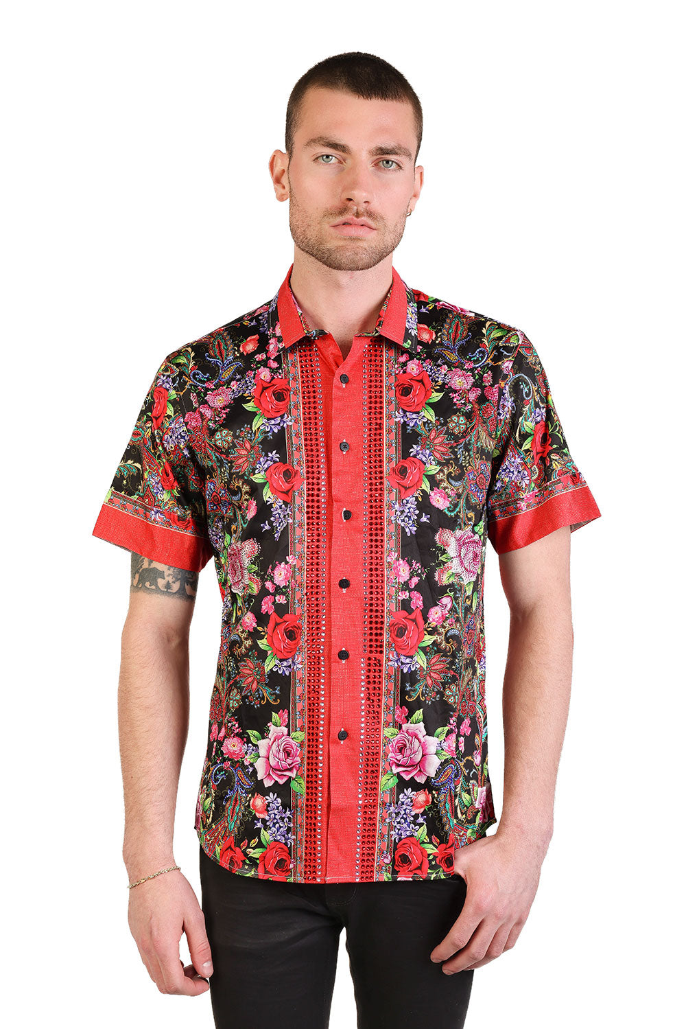 BARABAS Men's Rhinestone Floral Baroque Printed Short Sleeve Shirt SPR265 Black Red