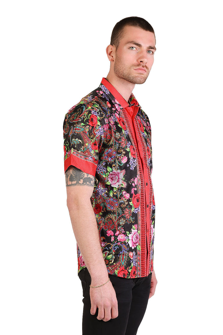 BARABAS Men's Rhinestone Floral Baroque Printed Short Sleeve Shirt SPR265 Black Red