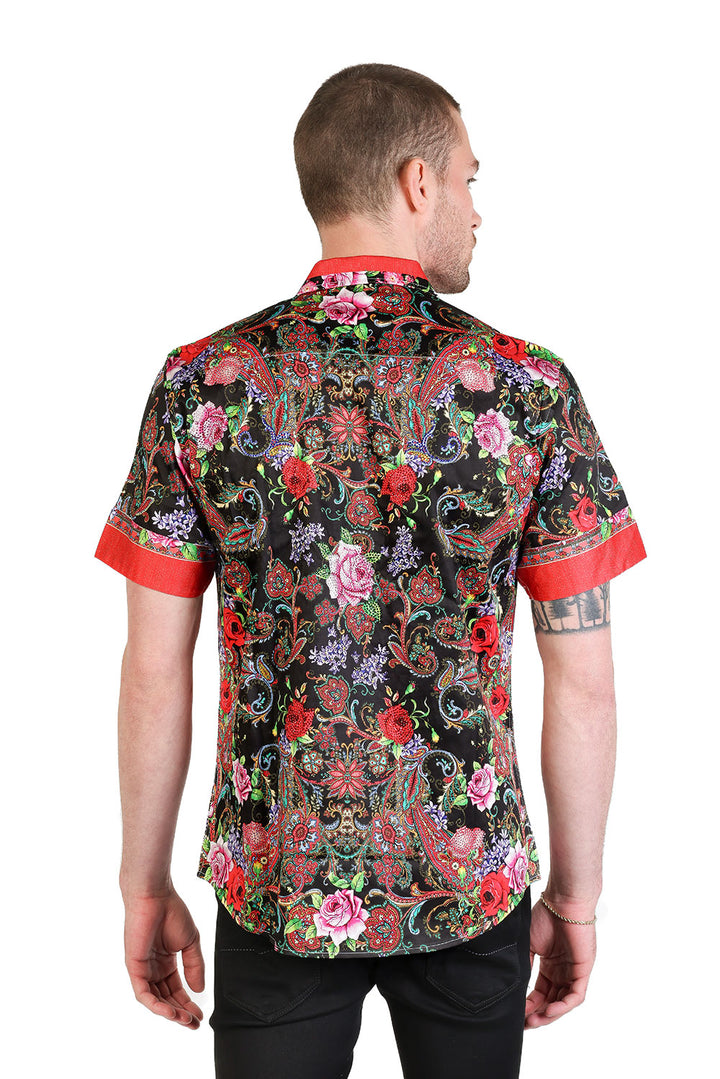 BARABAS Men's Rhinestone Floral Baroque Printed Short Sleeve Shirt SPR265 Black Red