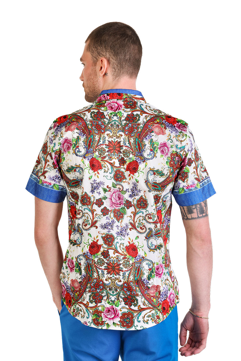 BARABAS Men's Rhinestone Floral Baroque Printed Short Sleeve Shirt SPR265 Blue White