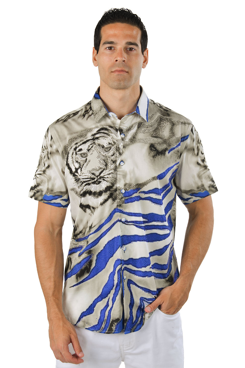 BARABAS Men's Rhinestone Tiger Scratch Short Sleeve Shirt SSR11 Blue