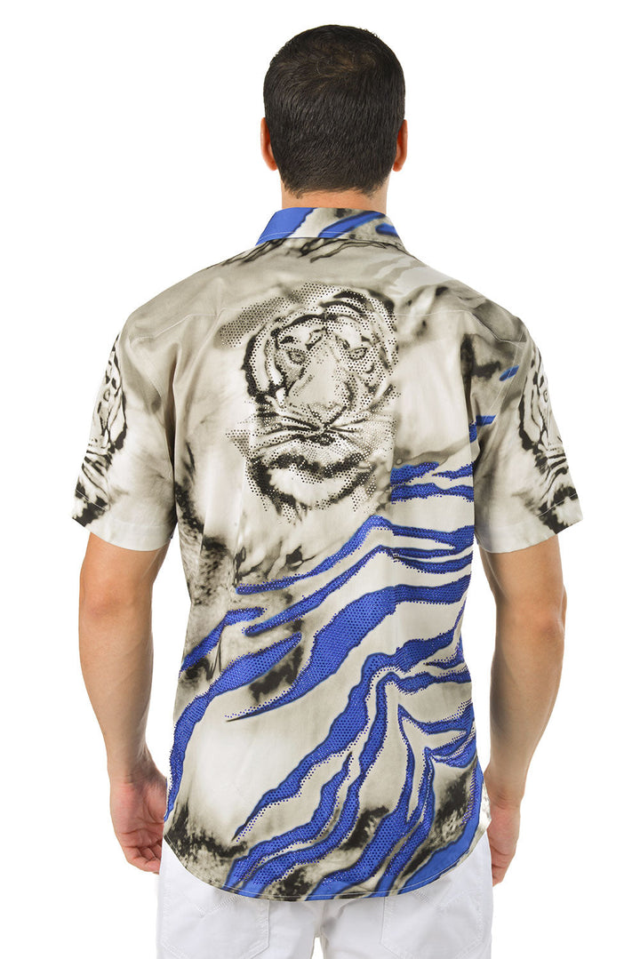 BARABAS Men's Rhinestone Tiger Scratch Short Sleeve Shirt SSR11 Blue