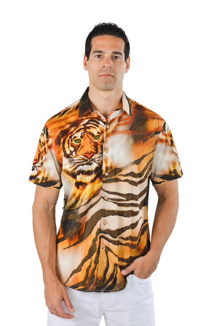 BARABAS Men's Rhinestone Tiger Scratch Short Sleeve Shirt SSR11 Orange