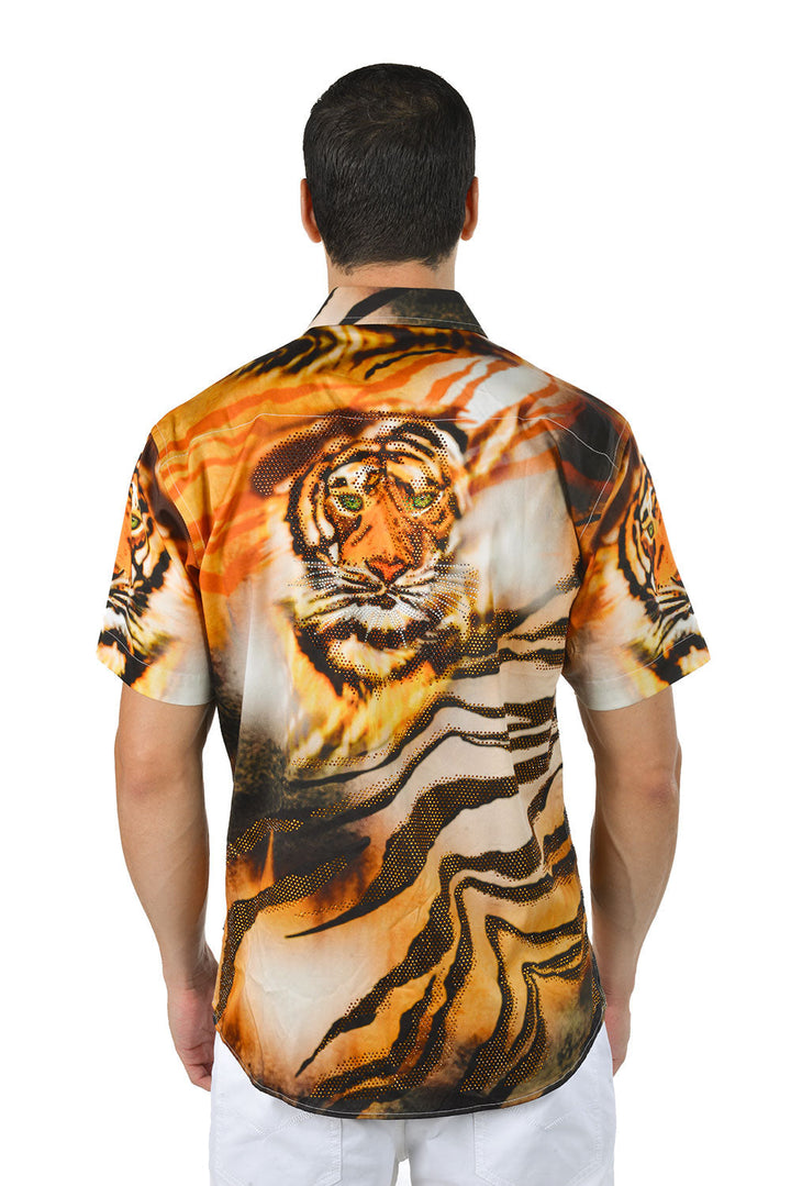 BARABAS Men's Rhinestone Tiger Scratch Short Sleeve Shirt SSR11 Orange