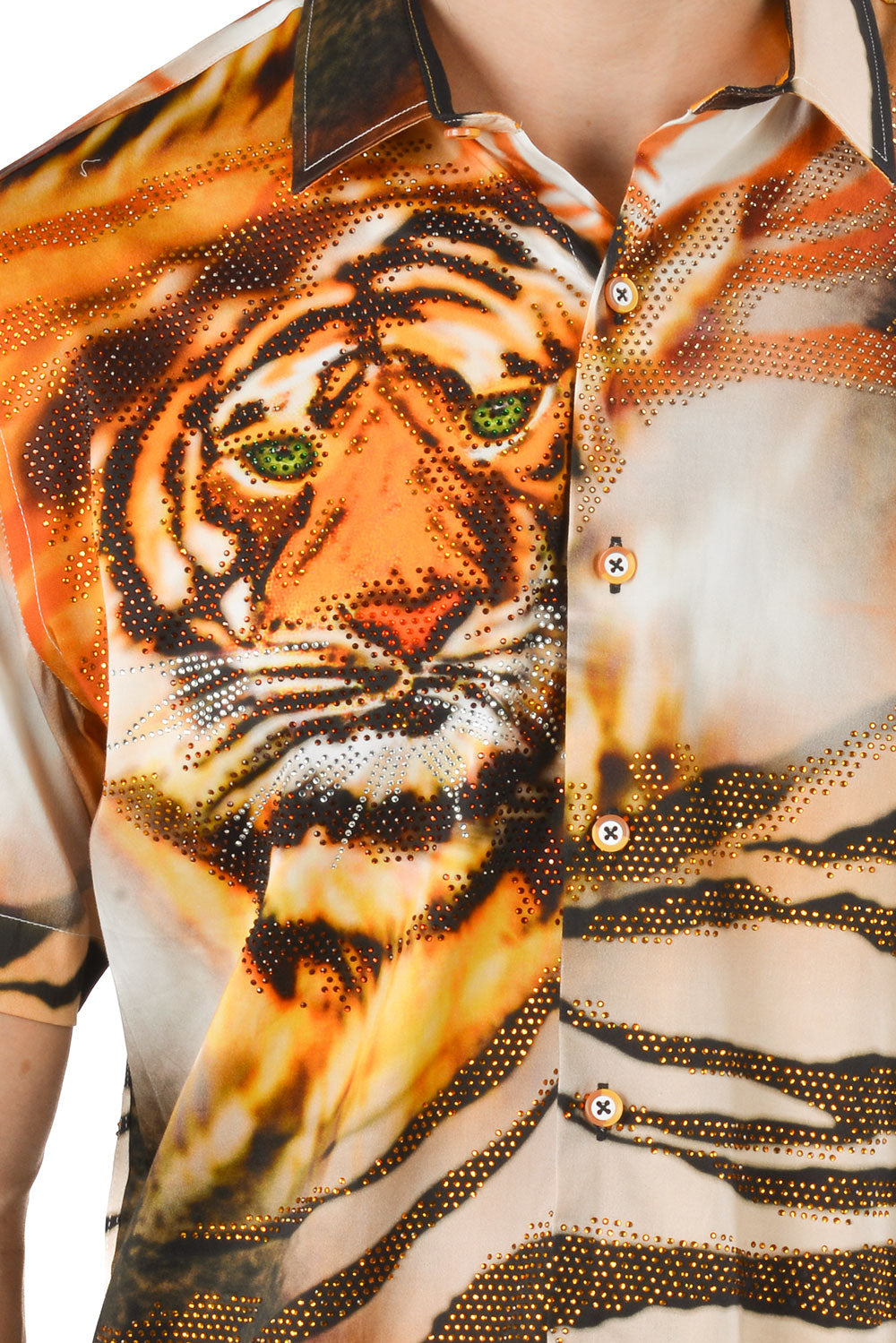 BARABAS Men's Rhinestone Tiger Scratch Short Sleeve Shirt SSR11 Orange