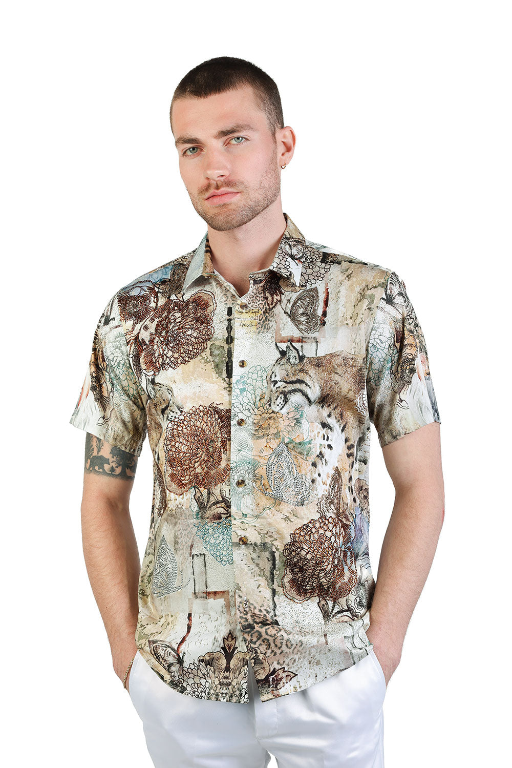 BARABAS Men's Rhinestone Floral Tiger Parrot Short Sleeve Shirt SSR16