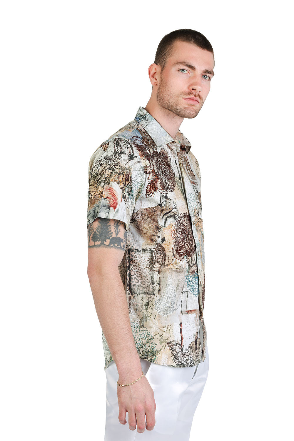 BARABAS Men's Rhinestone Floral Tiger Parrot Short Sleeve Shirt SSR16