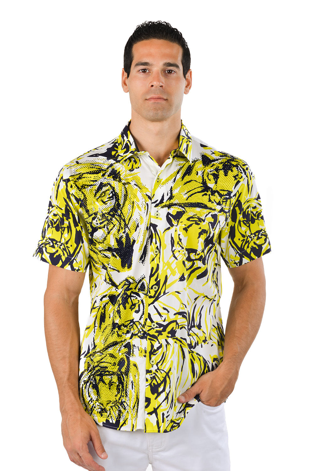 Barabas Men's Lion Printed Rhinestone Short Sleeve Shirt SSR18 Citron