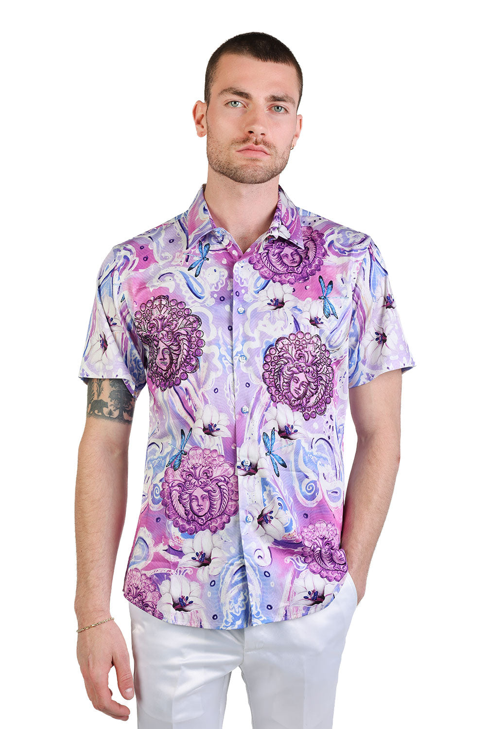 BARABAS Men's medusa paisley rhinestones graphic short sleeve shirt SSR19 lavender