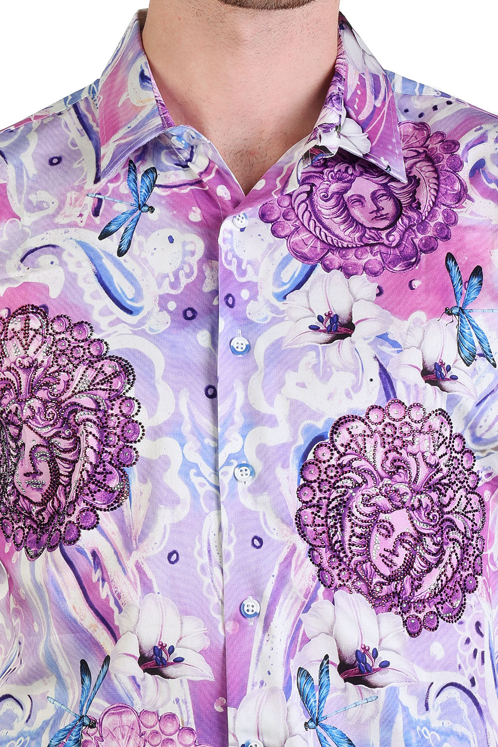 BARABAS Men's medusa paisley rhinestones graphic short sleeve shirt SSR19 purple