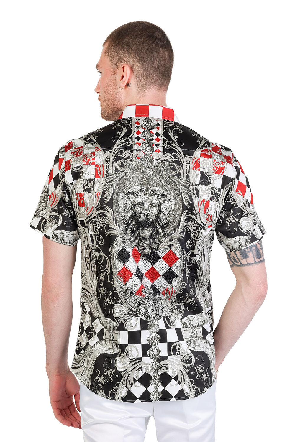 Barabas Men's Baroque Rhinestone Checkered Short Sleeve Shirts SSR20 black red