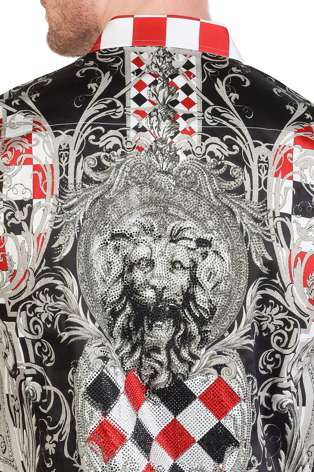 Barabas Men's Baroque Rhinestone Checkered Short Sleeve Shirts SSR20 black red