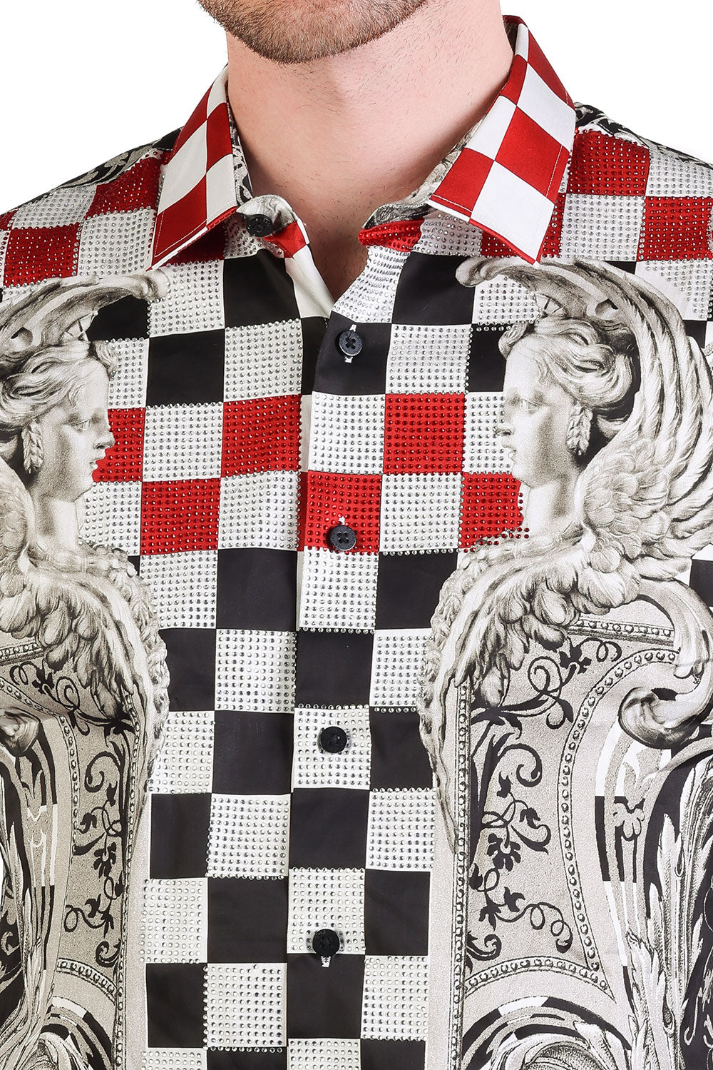 Barabas Men's Baroque Rhinestone Checkered Short Sleeve Shirts SSR20 black red