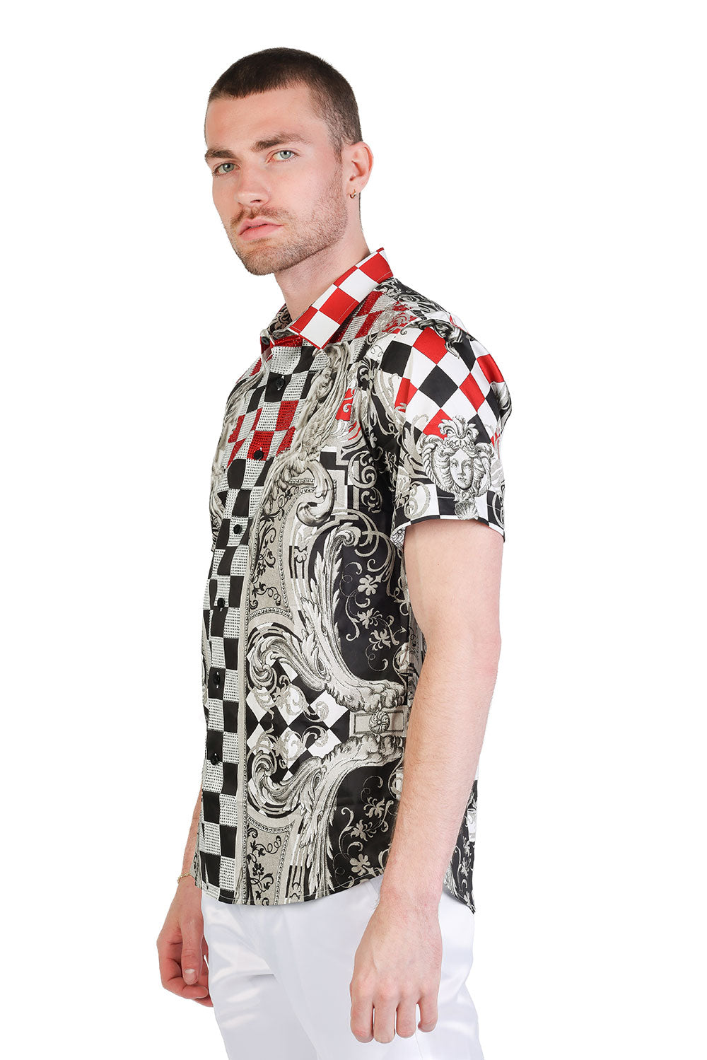 Barabas Men's Baroque Rhinestone Checkered Short Sleeve Shirts SSR20 white red