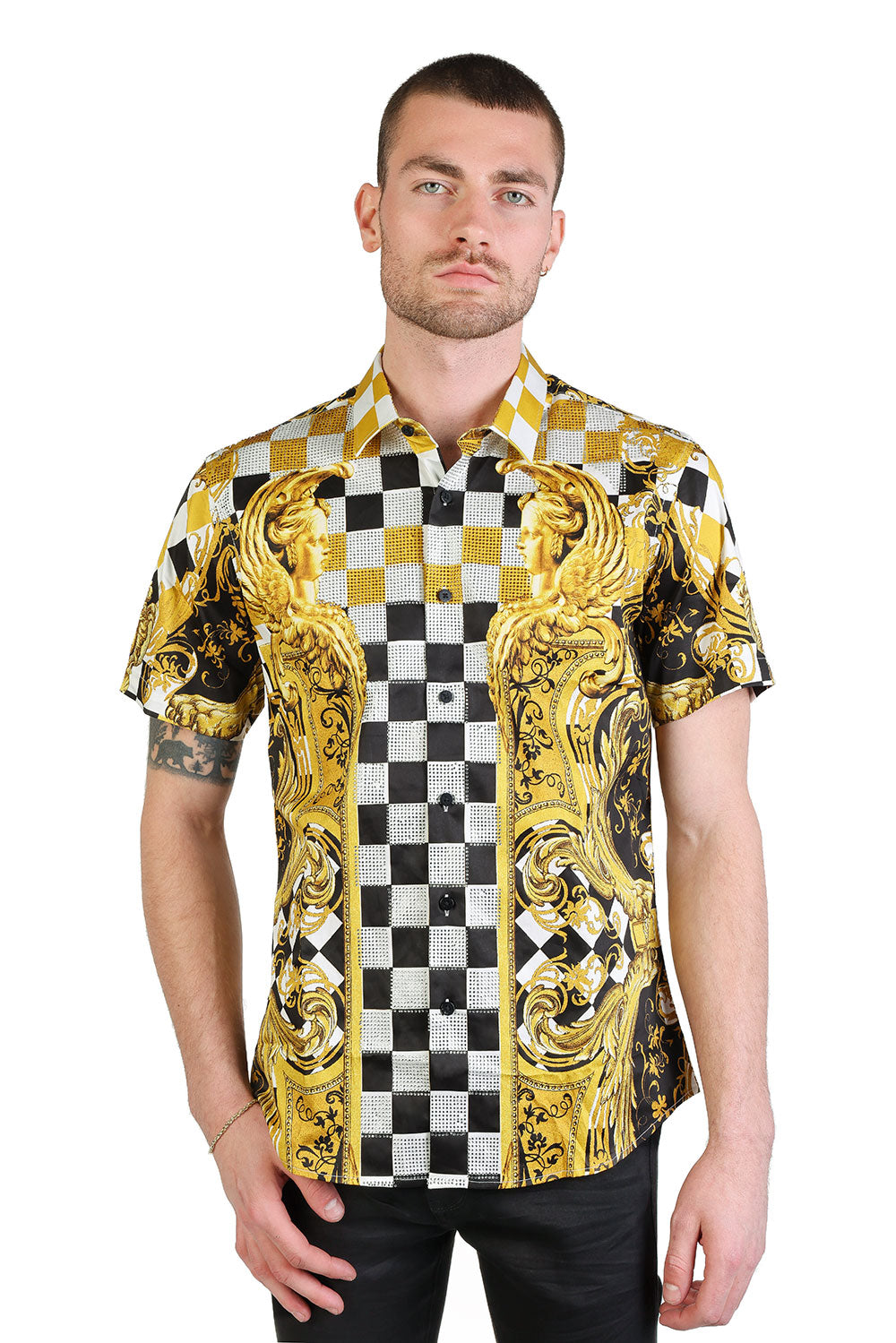 Barabas Men's Baroque Rhinestone Checkered Short Sleeve Shirts SSR20 gold black 