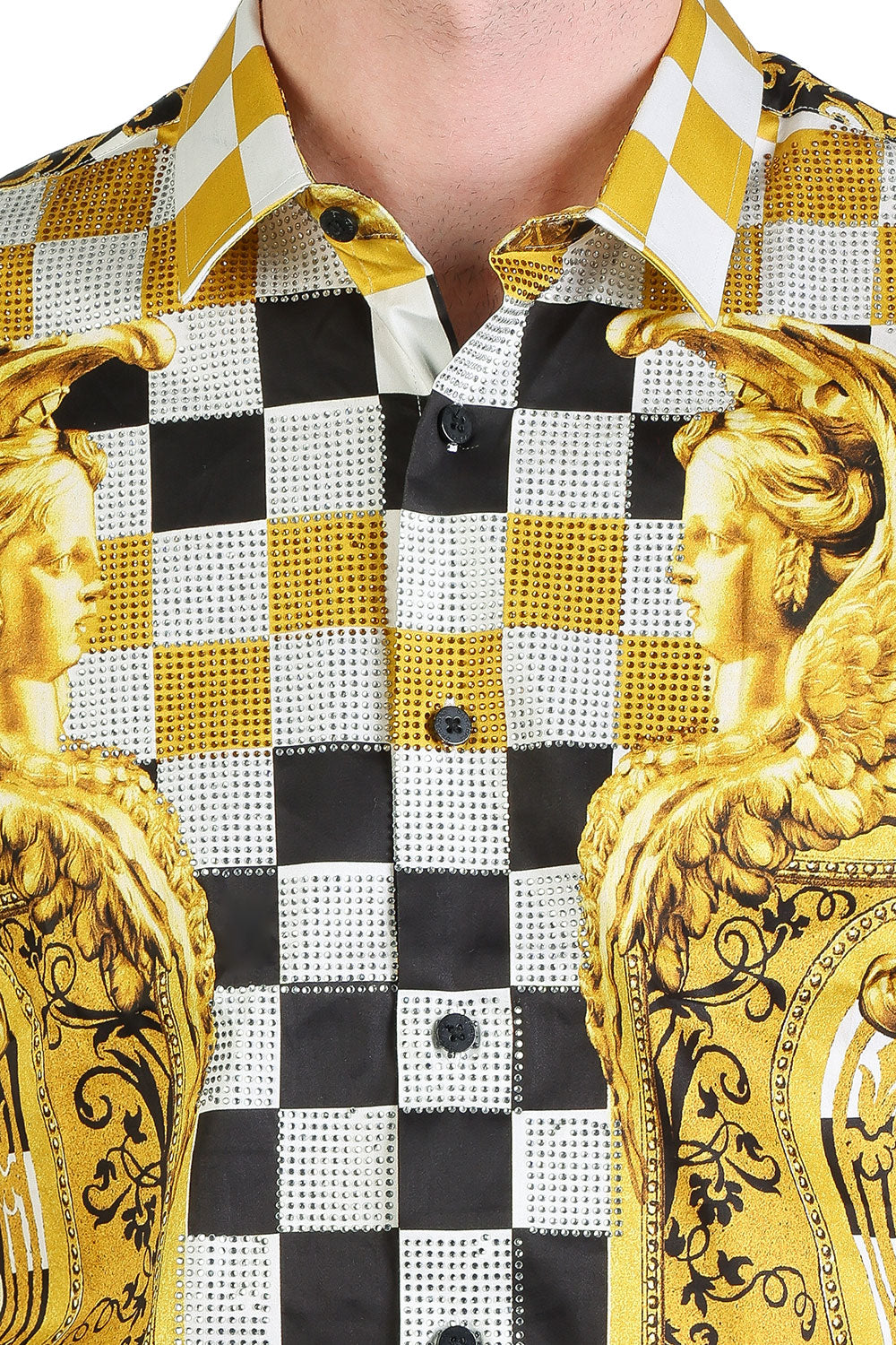 Barabas Men's Baroque Rhinestone Checkered Short Sleeve Shirts SSR20 gold black