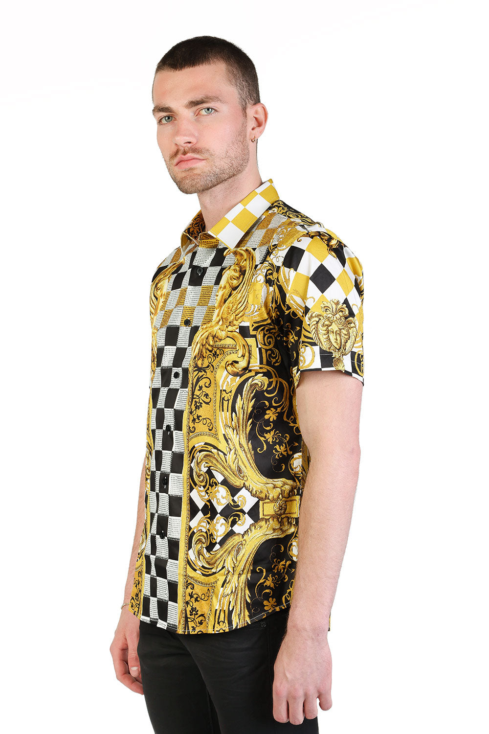 Barabas Men's Baroque Rhinestone Checkered Short Sleeve Shirts SSR20 gold black