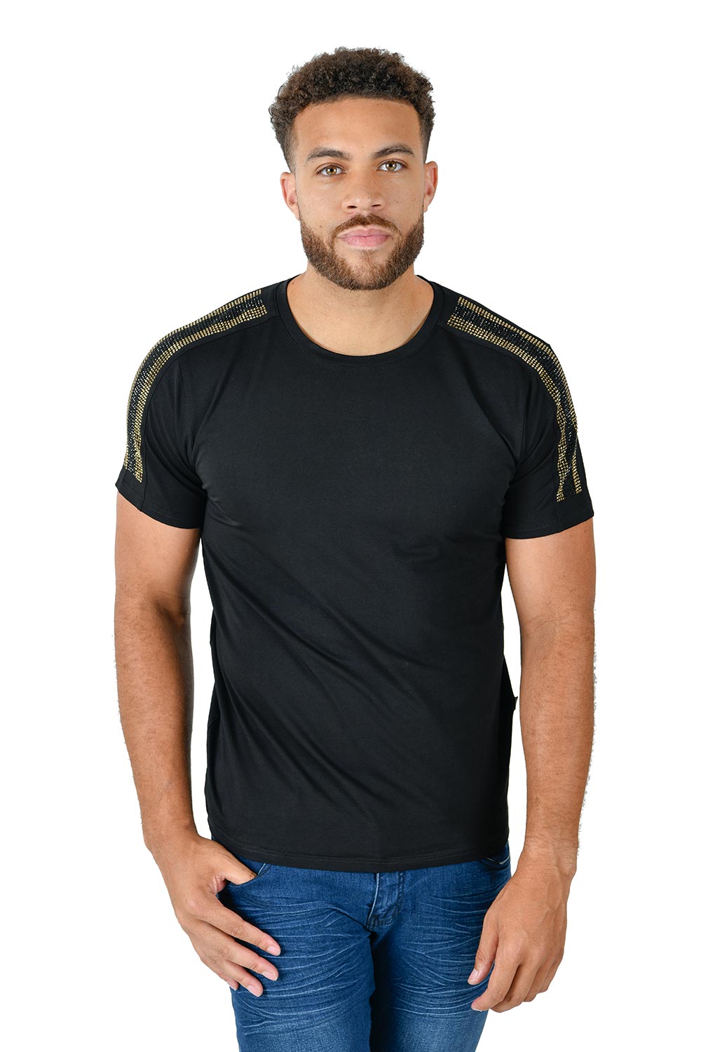 Barabas Men's Gold Rhinestone Black Crew Neck T-shirts ST942