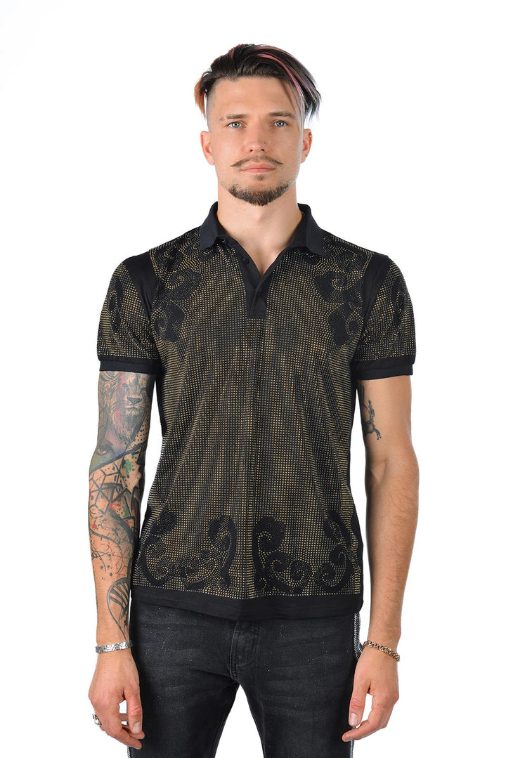 Barabas Men's Rhinestone Floral Oriental Pattern Polo Shirt ST944 Black Gold