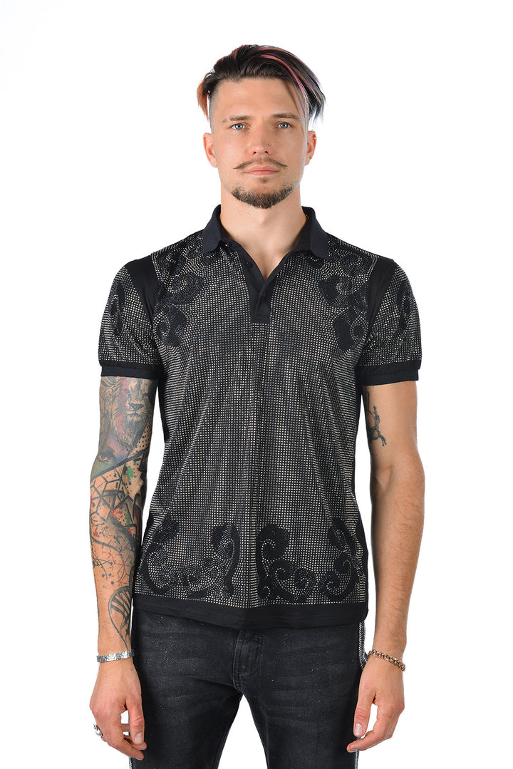 Barabas Men's Rhinestone Floral Oriental Pattern Polo Shirt ST944 Black Silver
