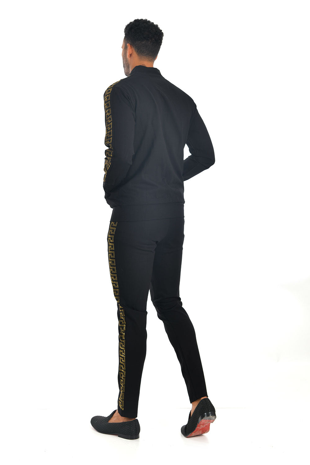 BARABAS men's gold Greek pattern rhinestone black loungewear STM4004