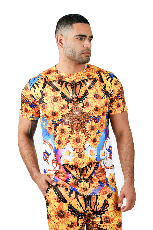 Barabas Men's Rhinestone Sunflower Butterfly Medusa T-Shirt STP3001