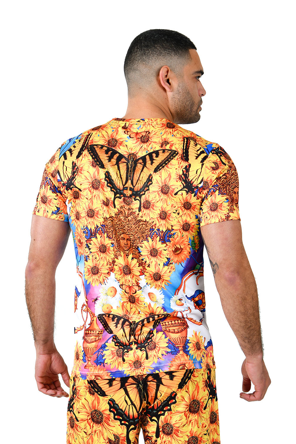 Barabas Men's Rhinestone Sunflower Butterfly Medusa T-Shirt STP3001