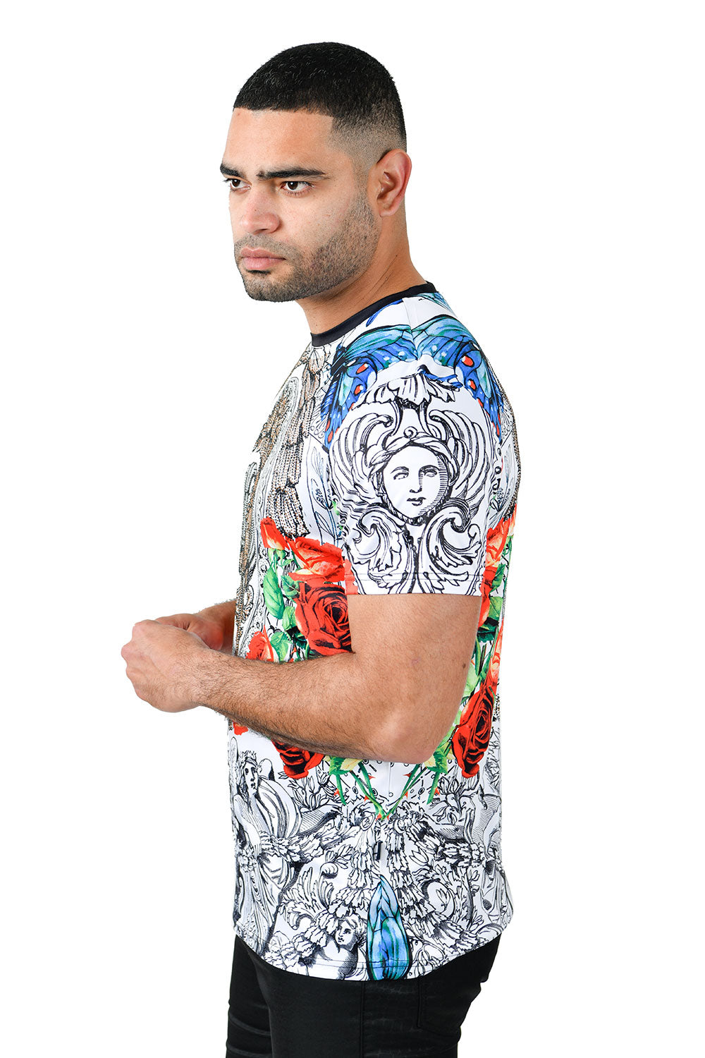 Barabas Men's Rhinestone Medusa Floral Crew Neck T-Shirt STP3003