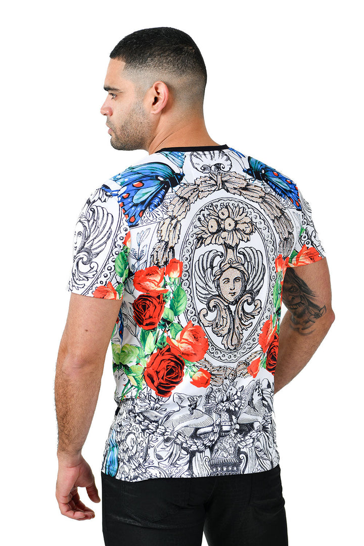 Barabas Men's Rhinestone Medusa Floral Crew Neck T-Shirt STP3003