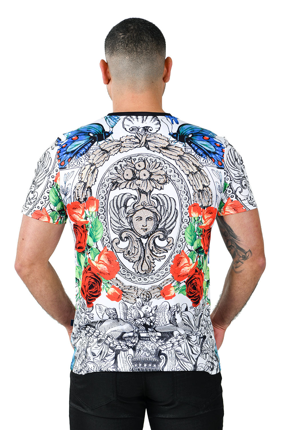 Barabas Men's Rhinestone Medusa Floral Crew Neck T-Shirt STP3003