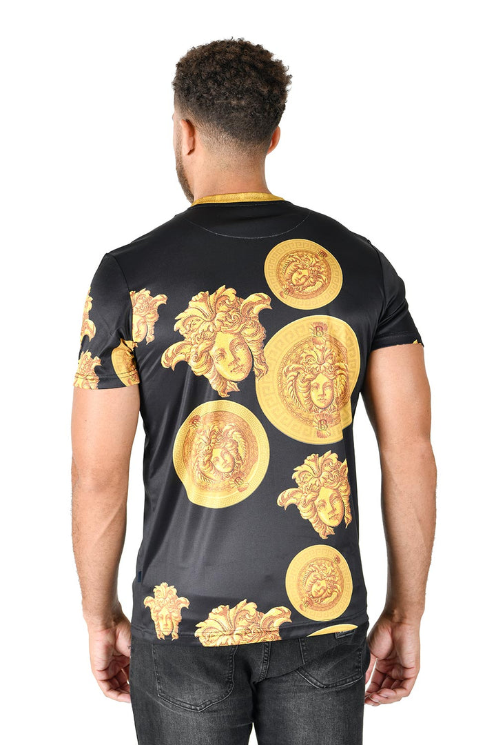 Barabas men's Medusa Greek Key Pattern Crew Neck T-Shirt STP3005 Black Gold