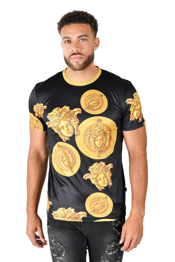 Barabas men's Medusa Greek Key Pattern Crew Neck T-Shirt STP3005 Black Gold