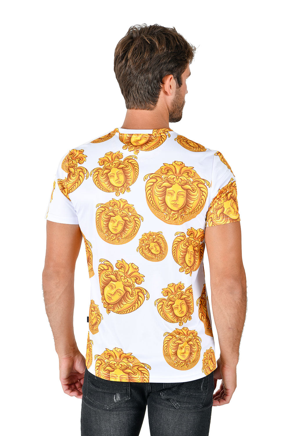 Barabas men's Medusa Greek Key Pattern Crew Neck T-Shirt STP3005 White Gold