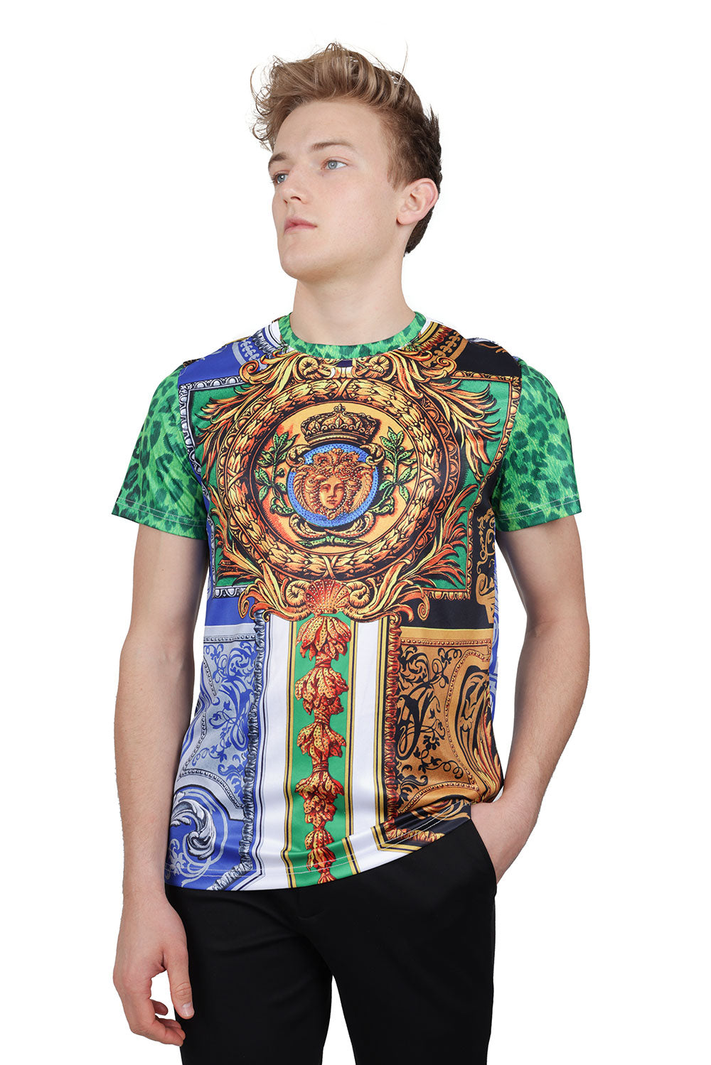 Barabas Men's Multi Color Rhinestone Medusa Floral T-shirts STP3006