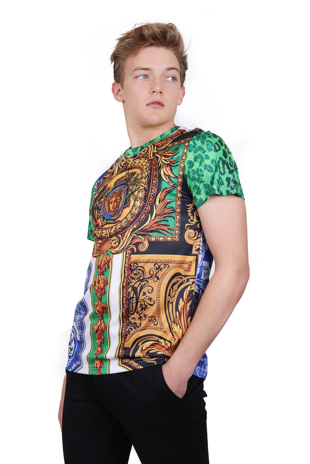 Barabas Men's Multi Color Rhinestone Medusa Floral T-shirts STP3006