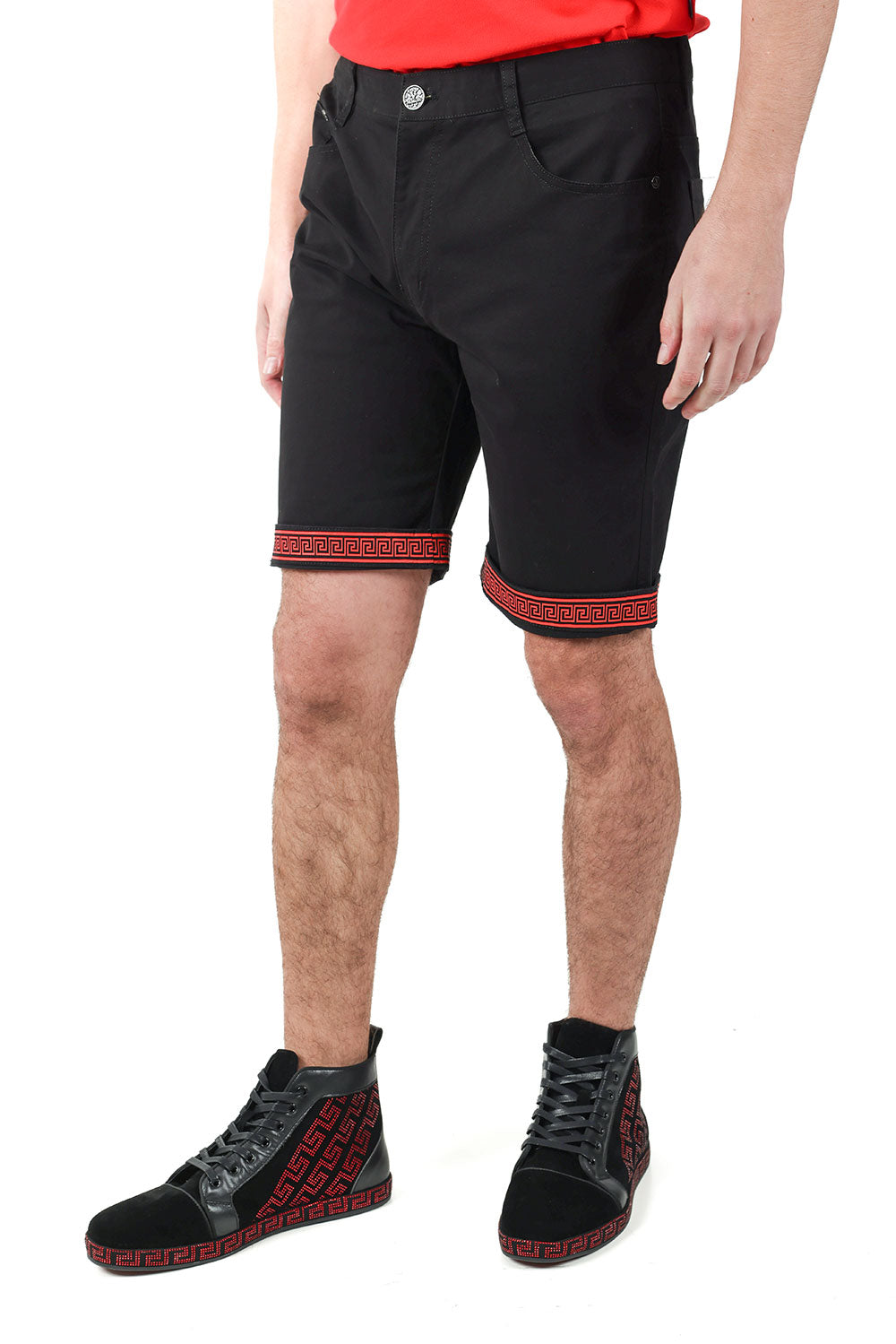 Barabas Men's Greek Key Printed Solid Color Luxury Shorts SVC4001 Black Red