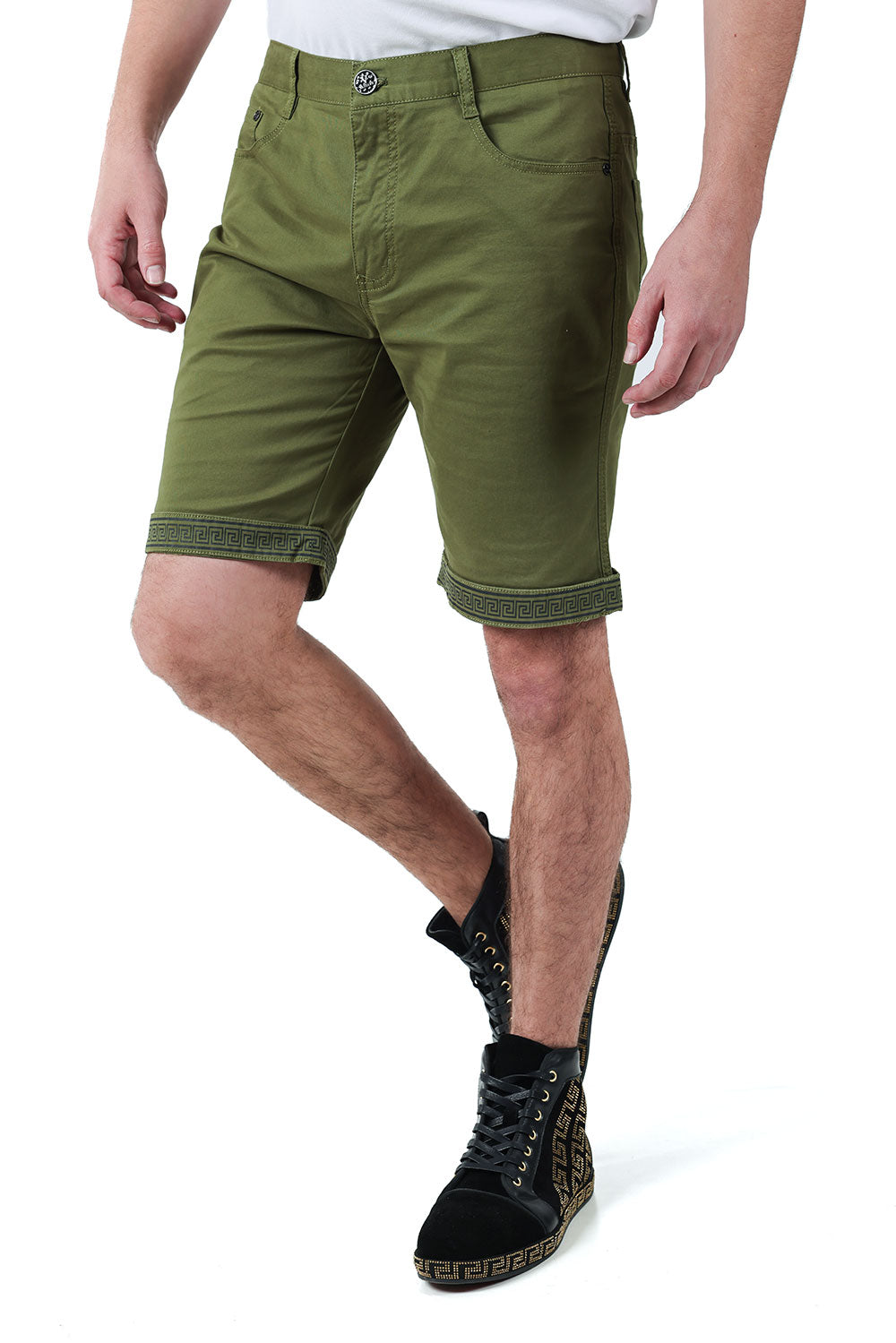 Barabas Men's Greek Key Printed Solid Color Luxury Shorts SVC4001 Olive Black