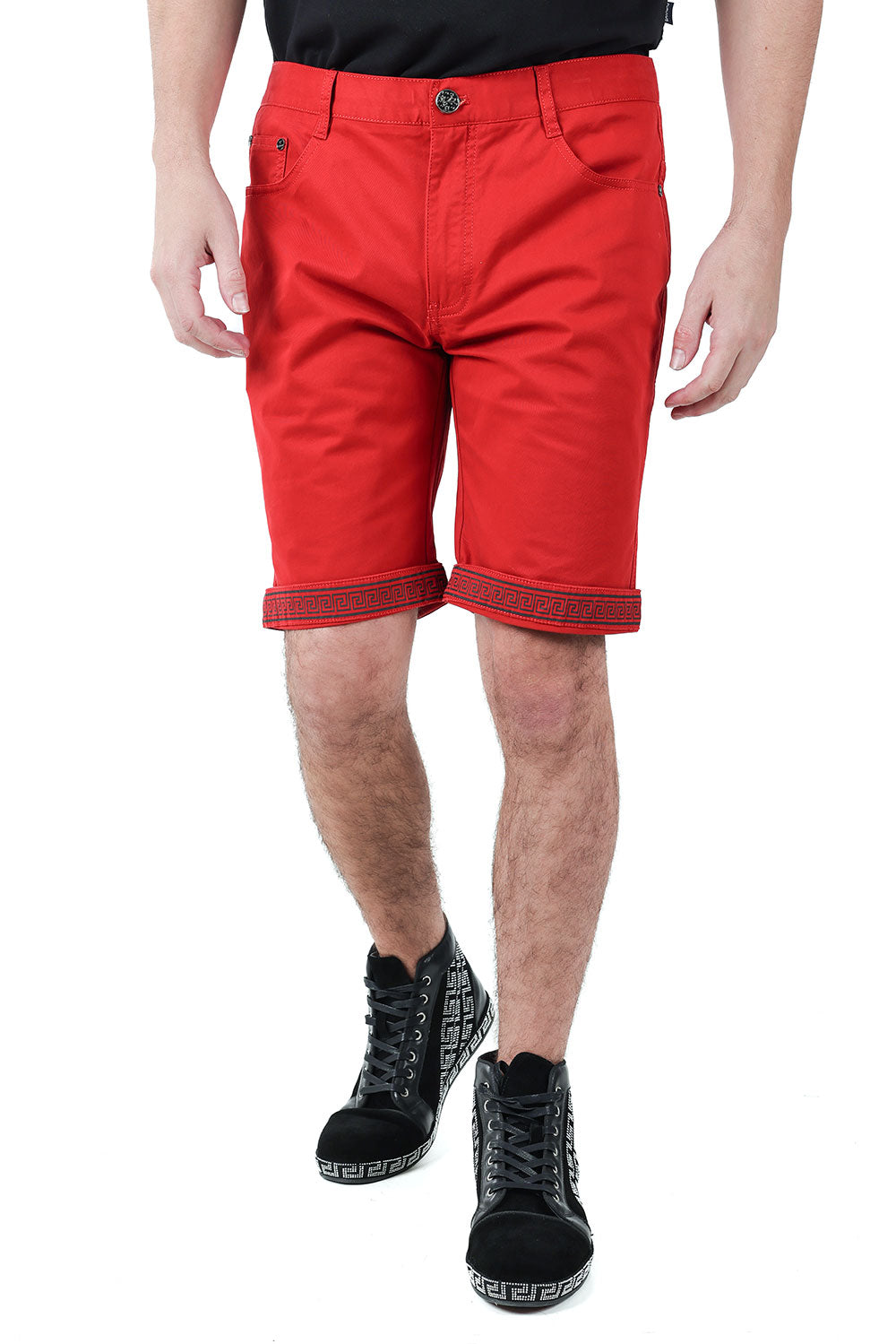 Barabas Men's Greek Key Printed Solid Color Luxury Shorts SVC4001 Red Black