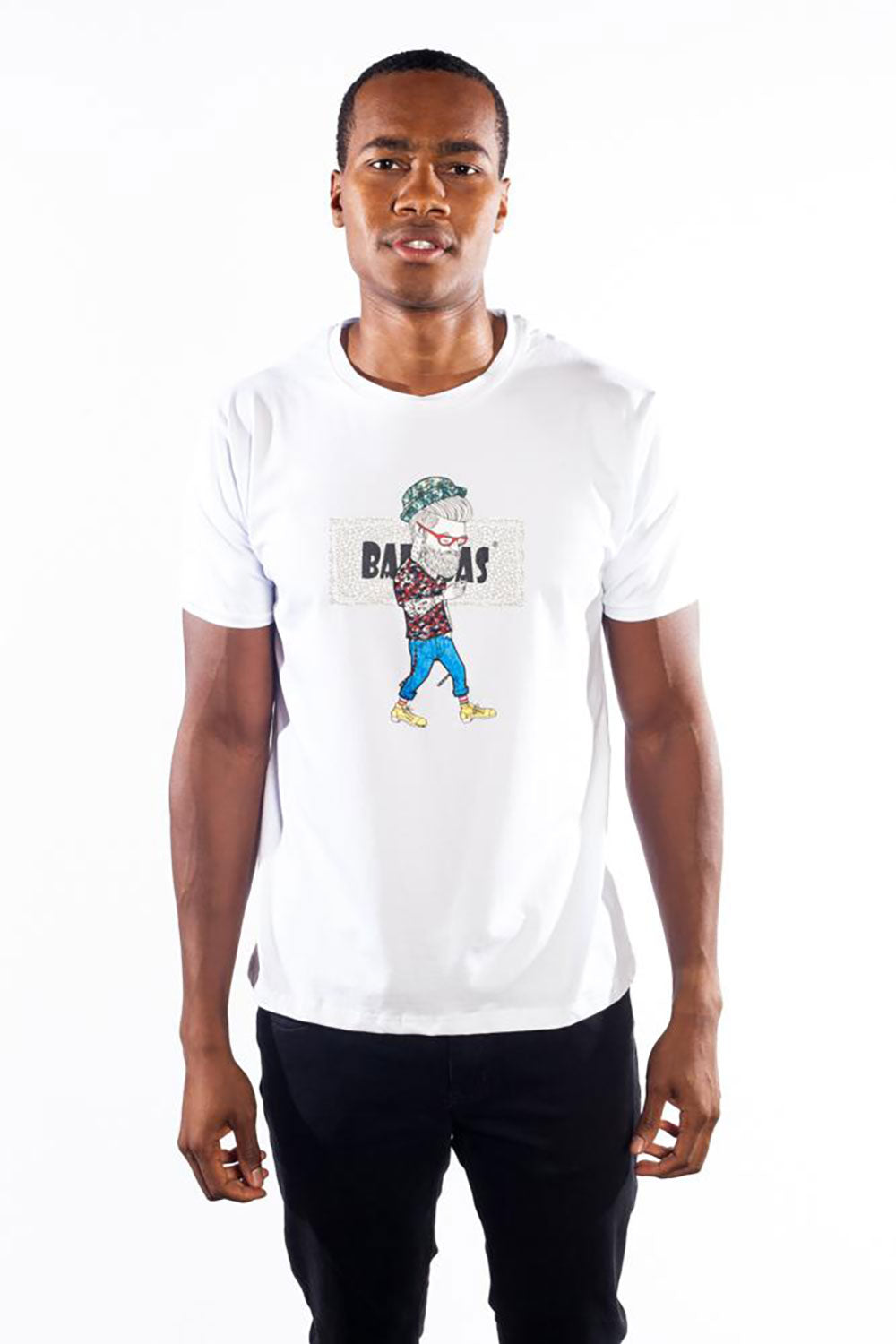 BARABAS Men's Cartoon Character Printed Crew Neck White T-shirt TB003