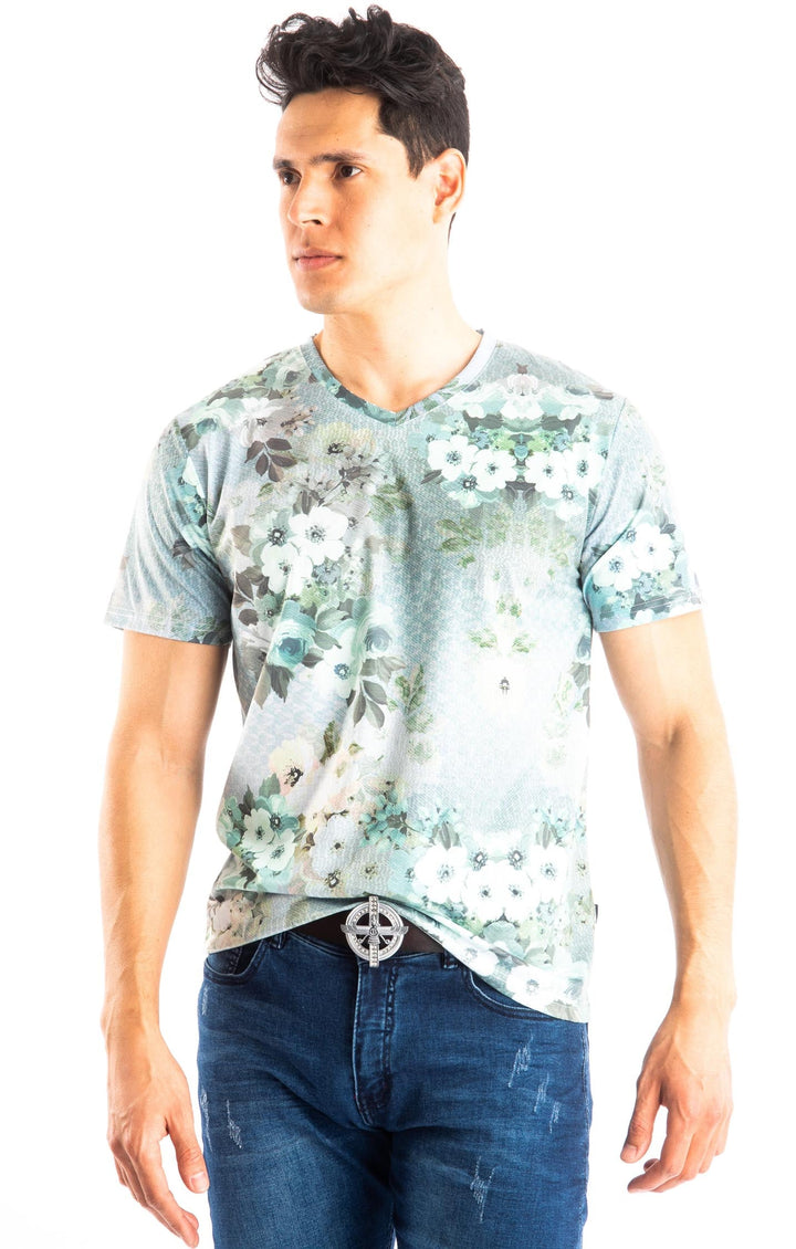 BARABAS Men's Floral V-Neck Aqua Green T-Shirt TV203