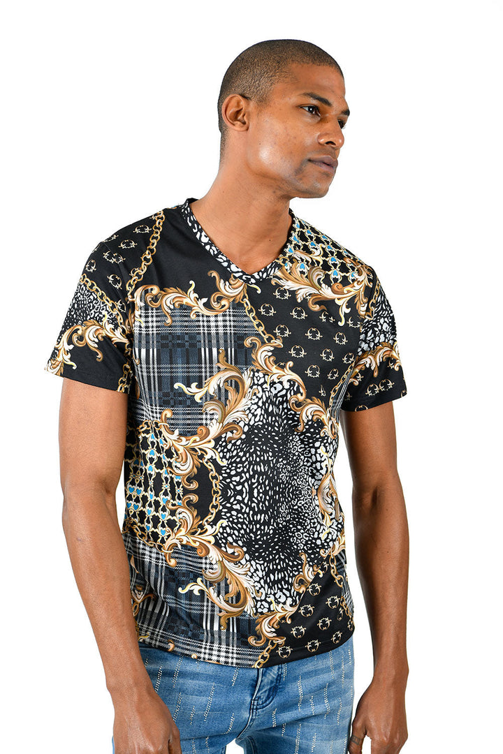 Barabas Men's Luxury Floral Checkered Printed V-Neck t-Shirts TV206 Black